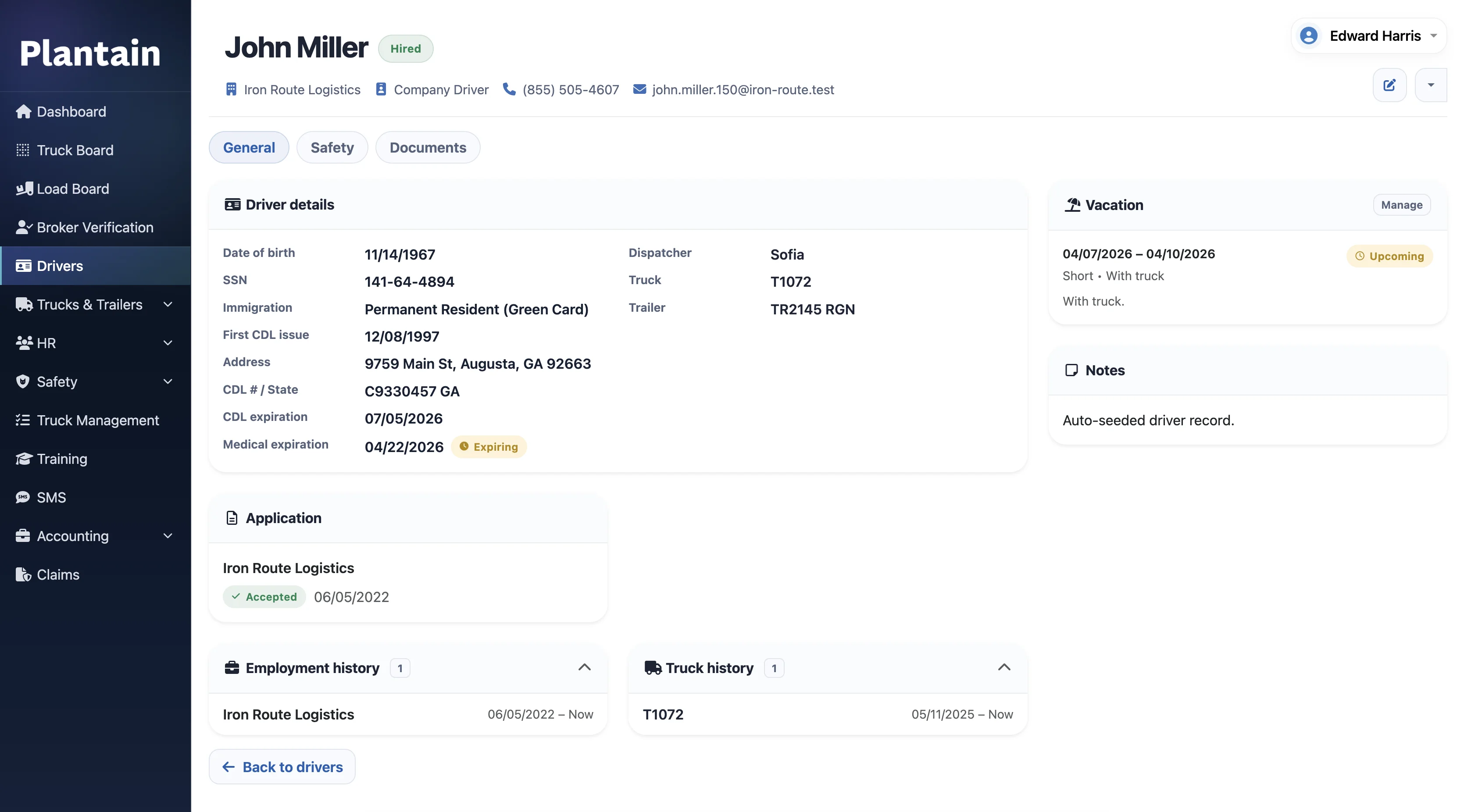 Driver profile general page